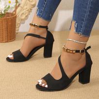 Large size summer new metal one-button Roman thick heel sandals women's casual fish mouth open-toed high-heeled sandals 34 juoda