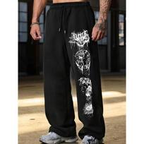 Fashionable Men's Black Wide Leg Jogging Pants, Gothic Rose and Skull Print Hip-hop Pants, Avant-garde Design Casual Pants S