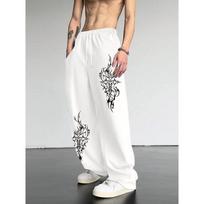 Men's Street Wear Black Wide Leg Sports Pants, Cool Flame Print, Drawstring Waist, Loose Fit, Casual Daily Wear S