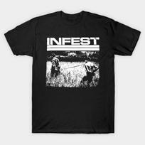 Men Black Print T-shirt Infest Band No-Cut Transfer Paper Print Cotton Tshirt S juoda