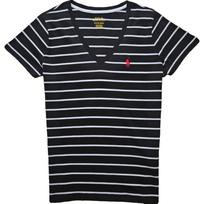 Polo Ralph Lauren logotipas siuvinėtas dryžuoti V formos iškirpte trumparankoviai marškinėliai moteriški viršutiniai drabužiai juodi balti 211698035-030 XS