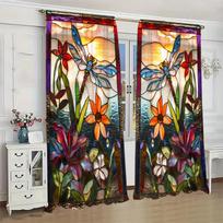 2pcs Stained Glass Dragonfly Printed Curtain - Artistic Home Decoration Curtains   All Season Decorative Curtains 100*130 Rod Pocket 1pcs