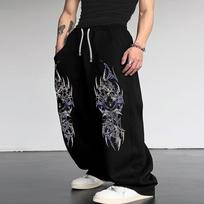 White Wide Leg Sweatpants with Black Tribal Dragon Print Streetwear S