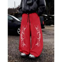The Trend Is Black Wide Leg Pants with Eye Catching White Flame Patterns on Both Sides, the Ultimate Street Must-have, Loose and Comfortable S