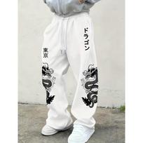 Men's Solid Color Drawstring Loose Casual Sports Pants with Double Dragon Pattern Print, Suitable for Outdoor Wear, Cool Wide Leg Pants S