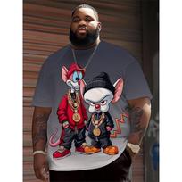 Men's Hip Hop Cartoon Animal Printed Round Neck T-shirt 100% Polyester Fabric Summer Street Top Suitable for Daily Wearing 6XL black