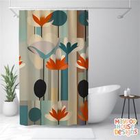 Retro Mid Century Modern Shower Curtain, Orange Teal Beige Bathroom Decor, Atomic Era Bathroom Curtain W60H190(CM)-1 Pcs