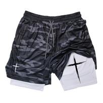 Cross Print 2 In 1 Performance Shorts for Men Gym Workout Running Shorts with Phone Pocket Towel Loop Sports Athletic Activewear M smėlis