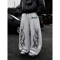 Men's Streetwear Black Wide Leg Sweatpants, White Tribal Flame Artistic Prints, Drawstring Waist, Baggy Fit Casual Daily Wear S