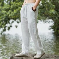 Vyriškos plačios kojos medvilnės ir lino kelnės Vasarinės Vyriškos Elastingas juosmuo Kišenės Laisvos Vienspalvės Ilgos kelnės ZJFS-3278 XXXXXL balta
