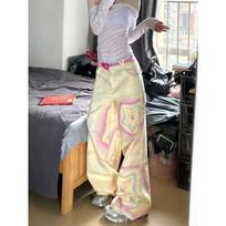 Women's Y2k Yellow Jeans Harajuku 90s Aesthetic Baggy Star Print Denim Trousers Korean Jean Pants Vintage 2000s Kawaii Clothes S geltona