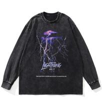 Streetwear žaibo grafikos skalbti juodi marškinėliai medvilniniai unisex didelio dydžio ilgomis rankovėmis marškinėliai S juoda