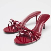 Summer New Fashion Butterfly Knot High Heel Sandals Sexy Red Patent Leather High Heel Slippers Open Toe Thin Heel Pumps Shoes 35 raudona