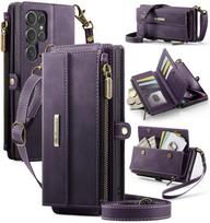 Retro dirželis Odinė piniginė Kortelių dėklas Samsung Galaxy S25 S24 Ultra S23 S22 S21 S20 Note 20 Dėklas per petį Rankinė Užtrauktukas For Galaxy S25 violetinė