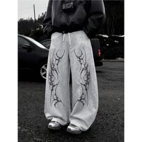 Black Wide Leg Men's Sports Pants, White Flame and Tribal Abstract Print Loose, Urban Street Style S