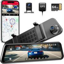 "4K Mirror Dash Cam", 12" 4K galinio vaizdo veidrodinė kamera su 2,5K atsargine kamera, jutiklinio ekrano priekinė ir galinė prietaisų skydelio kamera su ADAS, BSD, naktiniu matymu, parkavimo monitoriumi, pridedama 64GB kortelė ir GPS