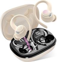 "Bluetooth" sportinės ausinės, "In-Ear" ausinės, belaidės "Bluetooth 5.4" su HD mikrofonu, puikus garsas, 40 valandų žaidimo trukmė, patogus pritaikymas, dvigubas LED ekranas, IP7 vandeniui atsparios ausinės su ausų kabliukais, smėlio spalvos