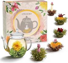 "Creano Tea Flowers" dovanų rinkinys - gėlių dizainas - žydinti arbata su stikliniu arbatinuku 6 rūšių baltos, žalios ir juodos arbatos dovana moterims