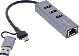 "Inline 4-in-1" USB-Eterneto adapteris, USB-C ir RJ45 Gigabitinio LAN tinklo adapteris su 3 USB-A prievadais (3.2 Gen.1), skirtas "MacBook", "Windows", "Linux", 33380S