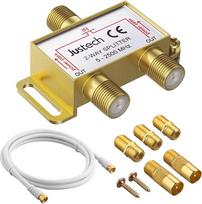 "Justech" TV antenos skirstytuvas 2 krypčių paauksuotas koaksialinio kabelio skirstytuvas MoCA 5-2500 MHz su 1,5 m koaksialinio kabelio F jungtimi, skirtas "Sky Box", "Telewest", "Eurovox", "Starview", "Dreambox