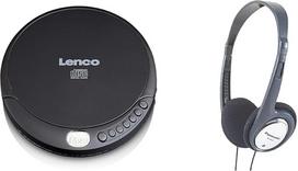 "Lenco CD-010" nešiojamasis CD grotuvas "Walkman Diskman CD Walkman" su ausinėmis ir "Micro USB" įkrovimo laidu, juodas ir "Panasonic HT030" laidinės ergonomiškos ir sulankstomos ausinės