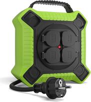"MutecPower" H05RR-F 3G1.5 lauko kabelių ritė 10 m IP44 su 4 apsauginiais kontaktiniais lizdais, juoda / žalia