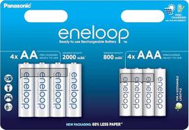 "Panasonic eneloop" 8 pakuotės Ni-MH įkraunamų baterijų pakuotė, 4 x AA ir 4 x AAA, didesnė talpa, 2100 įkrovimo ciklų, didelis našumas, mažas savaiminio išsikrovimo greitis, pakuotė be plastiko.