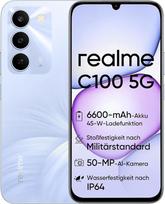 "realme C100" išmanusis telefonas, 4GB RAM + 128GB atminties, 6,75" HD LCD ekranas, 50 MP pagrindinė kamera, 6600 mAh baterija, galingas garsiakalbis, IP64, violetinės spalvos, baltas 45 W įkroviklis