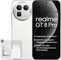"realme GT 8 Pro 5G" išmanusis telefonas, 16 + 512GB, "Snapdragon 8850", 200 MP teleobjektyvas + 50 MP dviguba kamera su OIS, 6,78 colių 2K 144 Hz AMOLED ekranas, 7000 mAh baterija, 50 W belaidis ryšys, "Next AI", IP68, baltas, su adapteriu