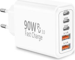 "Rombica" 90 W 5 prievadų greitasis įkroviklis, kelių USB-C ir USB-A maitinimo šaltinis, 3PD 3.0 maitinimo adapteris, greitasis įkroviklio įkrovimo kištukas, skirtas "iPhone 17 17 Pro Max 16 15 14 13 12 11, "iPad", "Samsung", mobiliesiems telefonams
