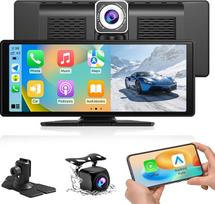 10,26 colių belaidis nešiojamasis "Apple CarPlay" ir "Android" automobilio "Carplay" ekranas, 1600 x 600 HD ekranas, 1080P galinio vaizdo kamera automobiliui, magnetinis laikiklis, OTA, "Bluetooth", valdymas balsu, GPS navigacija