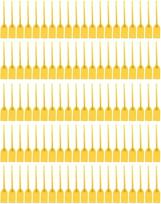 100 geltonų plastikinių plombų, saugumo etikečių, numeruotų kabelių raiščių, apsaugotų nuo pažeidimų, skirtų rankinėms, bagažui, drabužiams, avalynei, pašto siuntoms, pakuotė