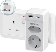 Adapteris Anglija Vokietija kištukas, TOPREK kelioninis adapteris JK su USB (5V/2.4A), JK adapteris į DE ES, kištukinis adapteris kelionių kištukas G tipo, skirtas Airijai, Anglijai, Dubajui, Maldyvams, Malaizijai