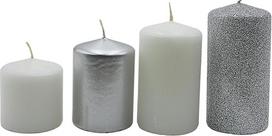 Advento žvakės, stulpinės žvakės, advento vainiko žvakės, stalo žvakės, blokinės žvakės, stalo žvakės, sidabriškai baltos ir sidabro blizgučiais, pakuotė iš 4 vnt., pakopos nuo D/W/H 5 x 5 x 5 cm iki D/W/H 5 x 5 x 9 cm