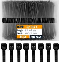 ALBO Cable Ties Black 8 Inch 1000 Pack 40lb Long Plastic Cable Ties Thick 0.14 Inch Heavy Duty UV atsparus nailono vielos kaklaraiščiai vidaus lauko naudojimo
