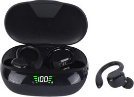 Belaidės ausinės, "Bluetooth" ausinės, sporto ausų kabliukai, ausinės per ausis su įkrovimo dėklu, stereofoninis erdvinis garsas, treniruočių ausinės, juodos spalvos