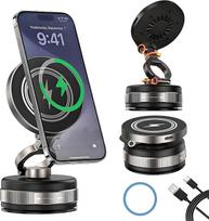 Belaidis automobilinis laikiklis įkroviklis, 15 W greito įkrovimo vakuuminis siurbimo puodelis, magnetinis 360° pasukimas ir triašis sulankstomas telefono laikiklis, skirtas "iPhone" ir "Android