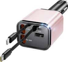 COCIVIVRE 4-in-1 automobilinis įkroviklis, ištraukiamasis automobilinis greitasis įkroviklis, USB cigarečių žiebtuvėlis, automobilinis įkroviklis, automobilinis adapteris, suderinamas su iPhone 17 Pro Max/Air/16/15/14, Galaxy, iPad, Pixel, Huawei