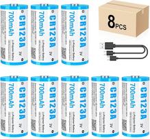 CR123A 3V ličio baterija, 8 vnt. 3V įkraunama USB ličio baterija, iki 3000 ciklų su USB-C įkrovimo prievadu, greitai įkraunama per 2 valandas, 123A baterija 700 mAh, skirta durų užraktams su pirštų atspaudais ir kt.