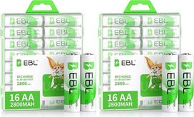 EBL AA baterijos 2800 mAh, 16 įkraunamų AA tipo baterijų pakuotė, didelis įkrovimo ciklų skaičius, mažas savaiminis išsikrovimas, su baterijų dėžute (2 vnt.)