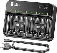 EBL baterijų įkroviklis, skirtas AA AAA 9V baterijoms, suderinamas su NI-MH baterijomis, USB-C PD3.0 ir mikro USB įvestis, greitasis įkroviklis