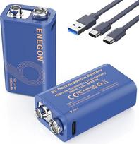ENEGON 9V pakuotė, 2 įkraunamos baterijos 5000mWh (1350mAh) su C tipo įkrovikliu, visiškai įkraunamos per 3 valandas, didelės talpos ličio jonų baterija, skirta dūmų detektoriams, multimetrams, belaidžiams mikrofonams