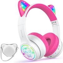 IFECCO vaikiškos "Bluetooth" ausinės su mikrofonu, vaikiškos ausinės per ausis su maišeliu, LED žibintai, katės ausinės mokyklai, išmaniajam telefonui