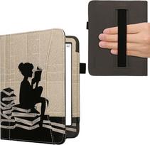 kwmobile Flip Case Compatible with Amazon Kindle Paperwhite (2024)/Colorsoft - Front Compartment Hand Strap - Reading Woman Black Beige