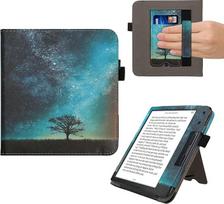 kwmobile Flip Cover Compatible with Kobo Kobo Libra Colour / Tolino Vision Colour - Case with Hand Strap Galaxy Tree Meadow Blue Grey Black