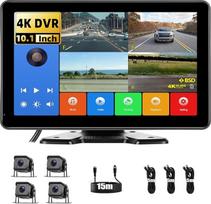Laidinė atbulinės eigos kamera, 4 kamerų rinkinys, 10,1 colio IPS monitorius, 4K vaizdo registratorius su "Android Cast", IP68 vandeniui atsparus, įrašymo funkcija, automobilių stovėjimo stebėjimo gairės, 12V-24V