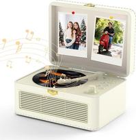 Nešiojamasis CD grotuvas "Bluetooth" retro radijo imtuvas su CD grotuvu, garsiakalbiu, USB ir AUX atkūrimu, nuotolinio valdymo pulteliu, dulkių dangteliu, smėlio spalvos, PU oda, baltos spalvos