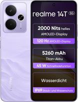 realme 14T 5G išmanusis telefonas 8 + 256GB, mikroschemų rinkinys Dimensity 6300, Esports AMOLED ekranas 120 Hz 6,67 colių itin didelė 5260 mAh talpa, IP69 atsparus vandeniui, "Surf" dizainas, "Next AI", "Flash" violetinė (be
