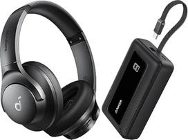 soundcore by Anker "Bluetooth" ausinės per ausis (slopinančios triukšmą, 40 val. veikimo trukmė, aukštos kokybės garsas, gilūs bosai) ir "Anker" maitinimo bankas (20000 mAh, 30 W, USB-C laidas)