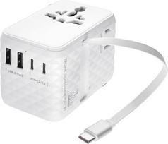 TROIKA Visame pasaulyje ištraukiamas kelioninis adapteris 35 EU/USA/CHN/UK + USA/JP Su USB-C kabeliu, ištraukiamuoju greitojo įkrovimo kabeliu ir tinka visiems standartiniams kištukiniams lizdams 5-in-1 įkrovimo galia 35 W, baltos spalvos